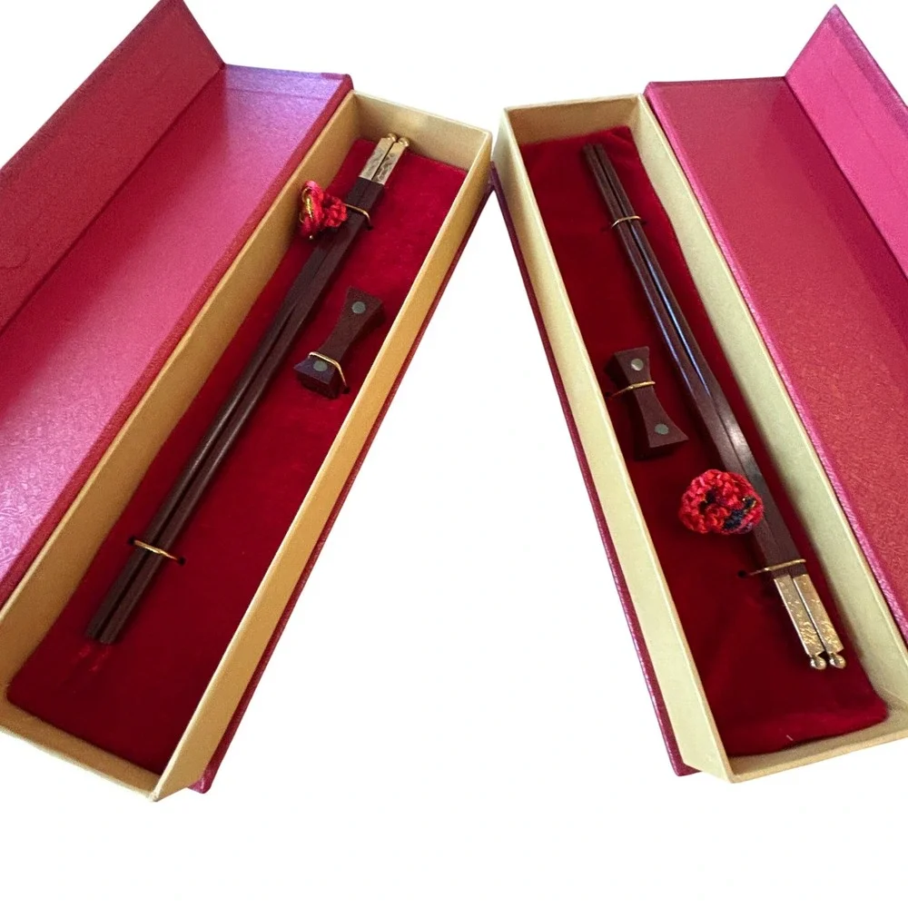 Lot 2 Chinese Wooden Chopsticks Gift Sets Red Presentation Boxes Chopstick Rests